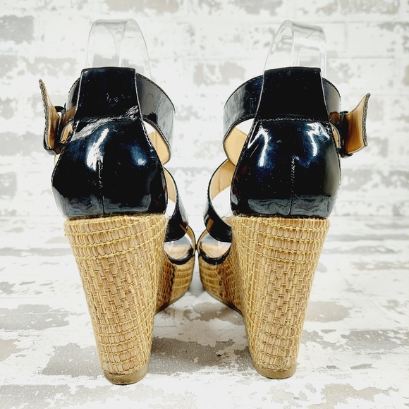 NY&C Black Faux Leather Wedge Heel Platform Sandals M819 - Picture 6 of 13